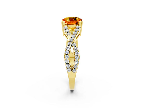 Yellow gold Cushion Cut Citrine Solitaire Ring with Four-Prong Setting and Twisted Pavé Band