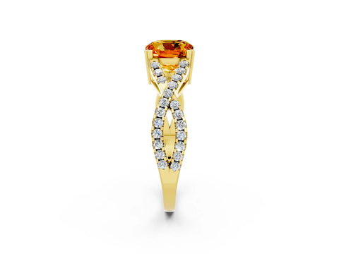 Yellow gold Cushion Cut Citrine Solitaire Ring with Four-Prong Setting and Twisted Pavé Band_2