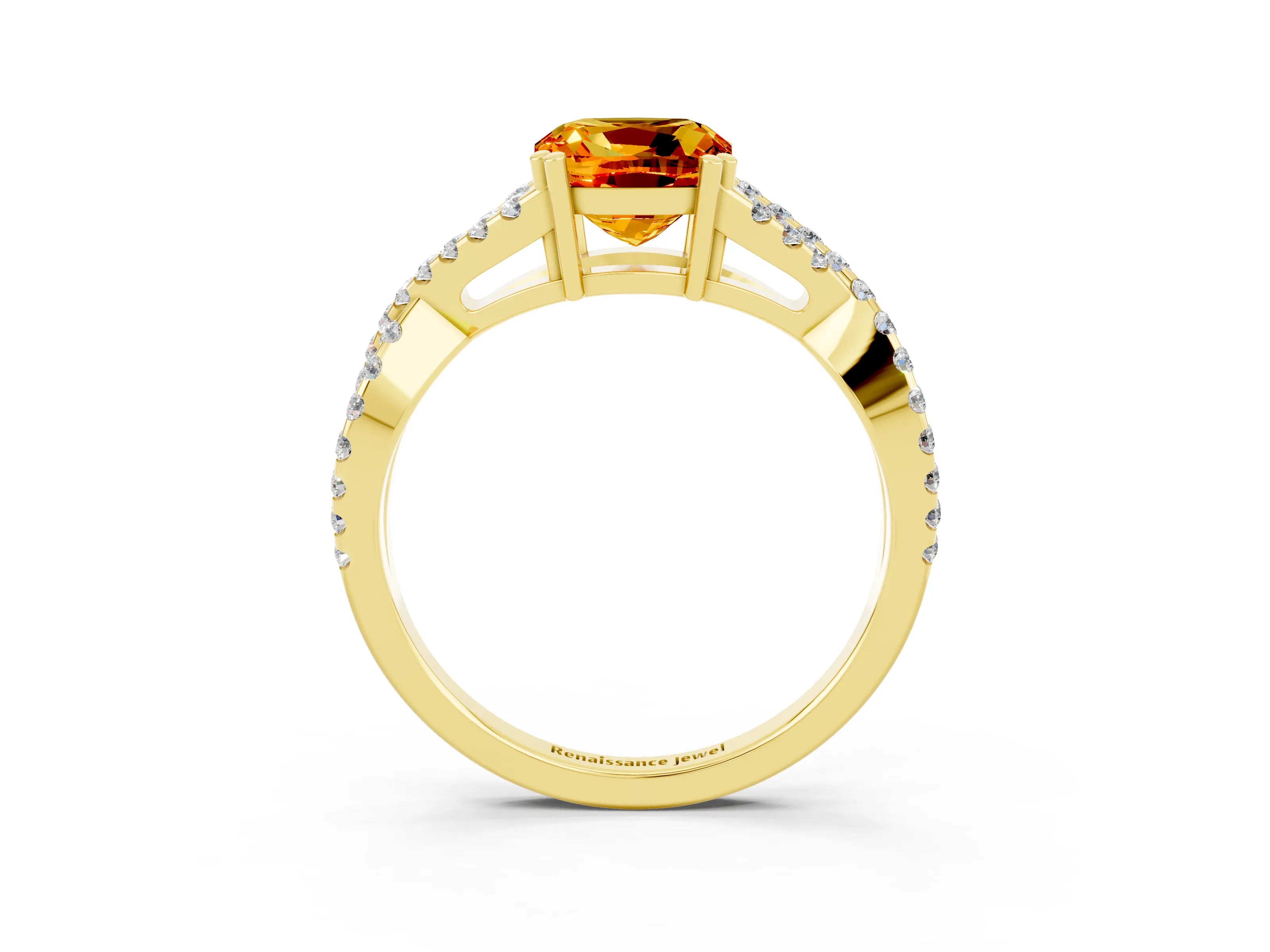 Yellow gold Cushion Cut Citrine Solitaire Ring with Four-Prong Setting and Twisted Pavé Band_3
