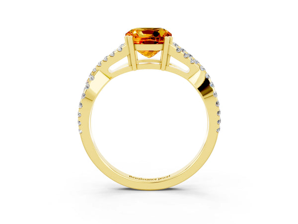 Yellow gold Cushion Cut Citrine Solitaire Ring with Four-Prong Setting and Twisted Pavé Band
