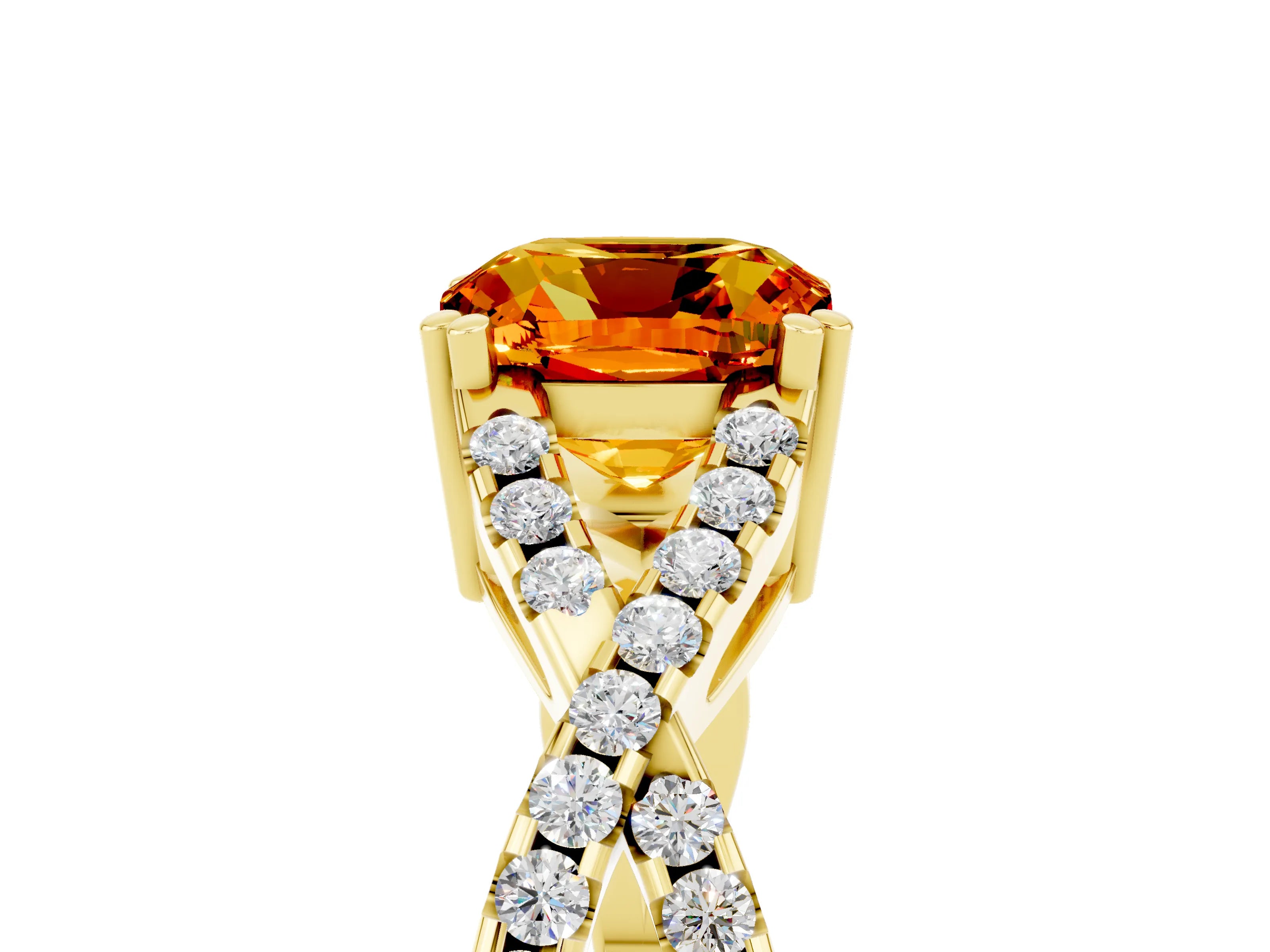 Yellow gold Cushion Cut Citrine Solitaire Ring with Four-Prong Setting and Twisted Pavé Band_5