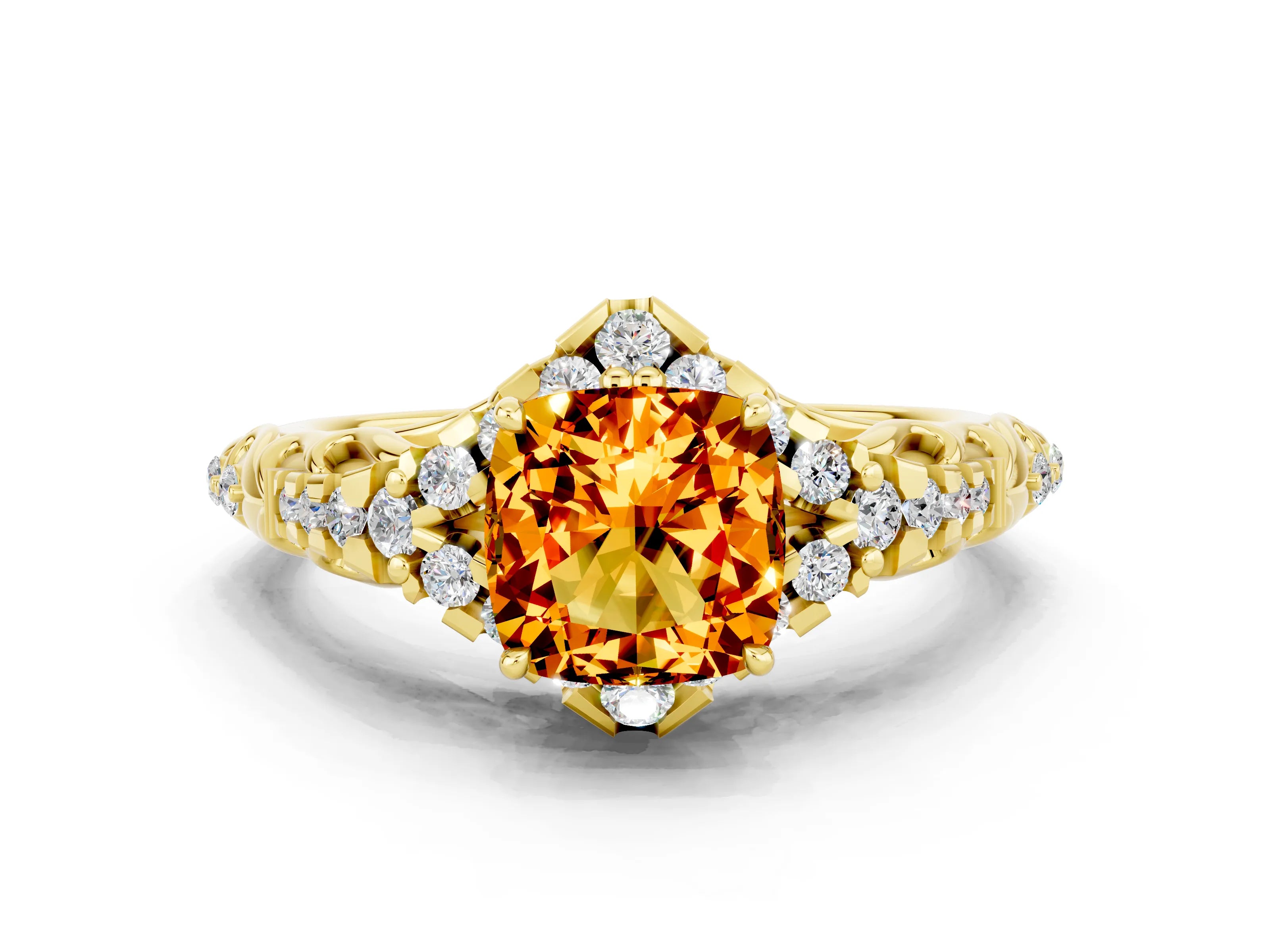 Yellow gold Cushion Cut Citrine Solitaire Ring with Hidden Halo and Pavé Band_12