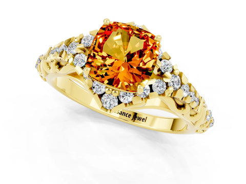 Yellow gold Cushion Cut Citrine Solitaire Ring with Hidden Halo and Pavé Band_13