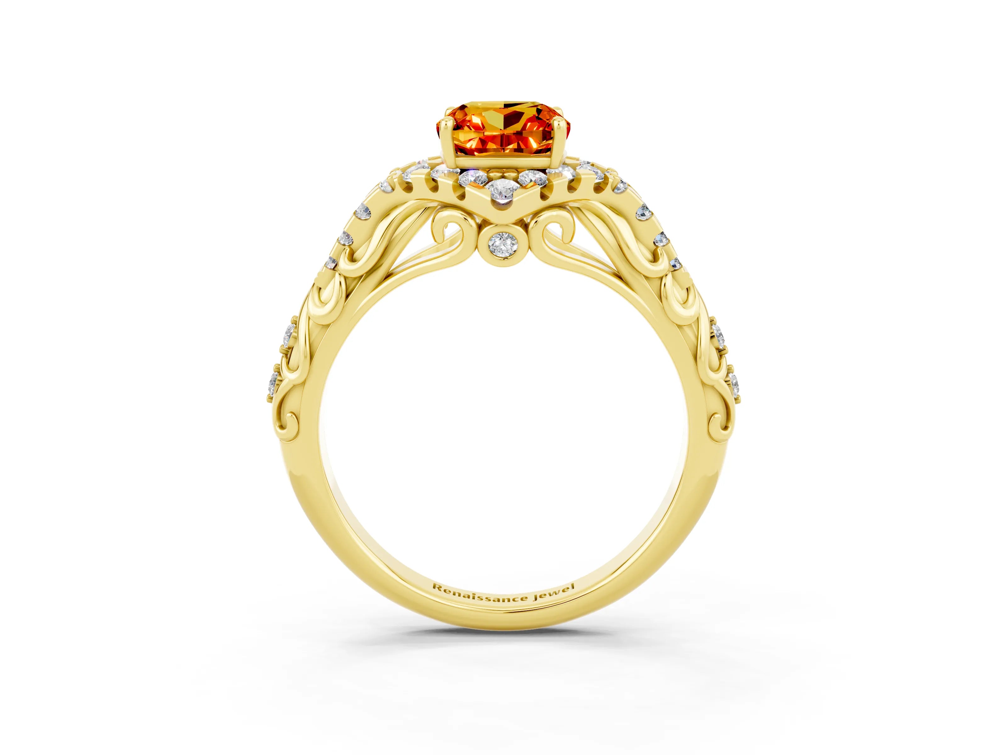 Yellow gold Cushion Cut Citrine Solitaire Ring with Hidden Halo and Pavé Band_15