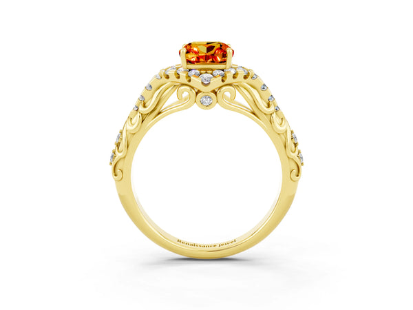Yellow gold Cushion Cut Citrine Solitaire Ring with Hidden Halo and Pavé Band