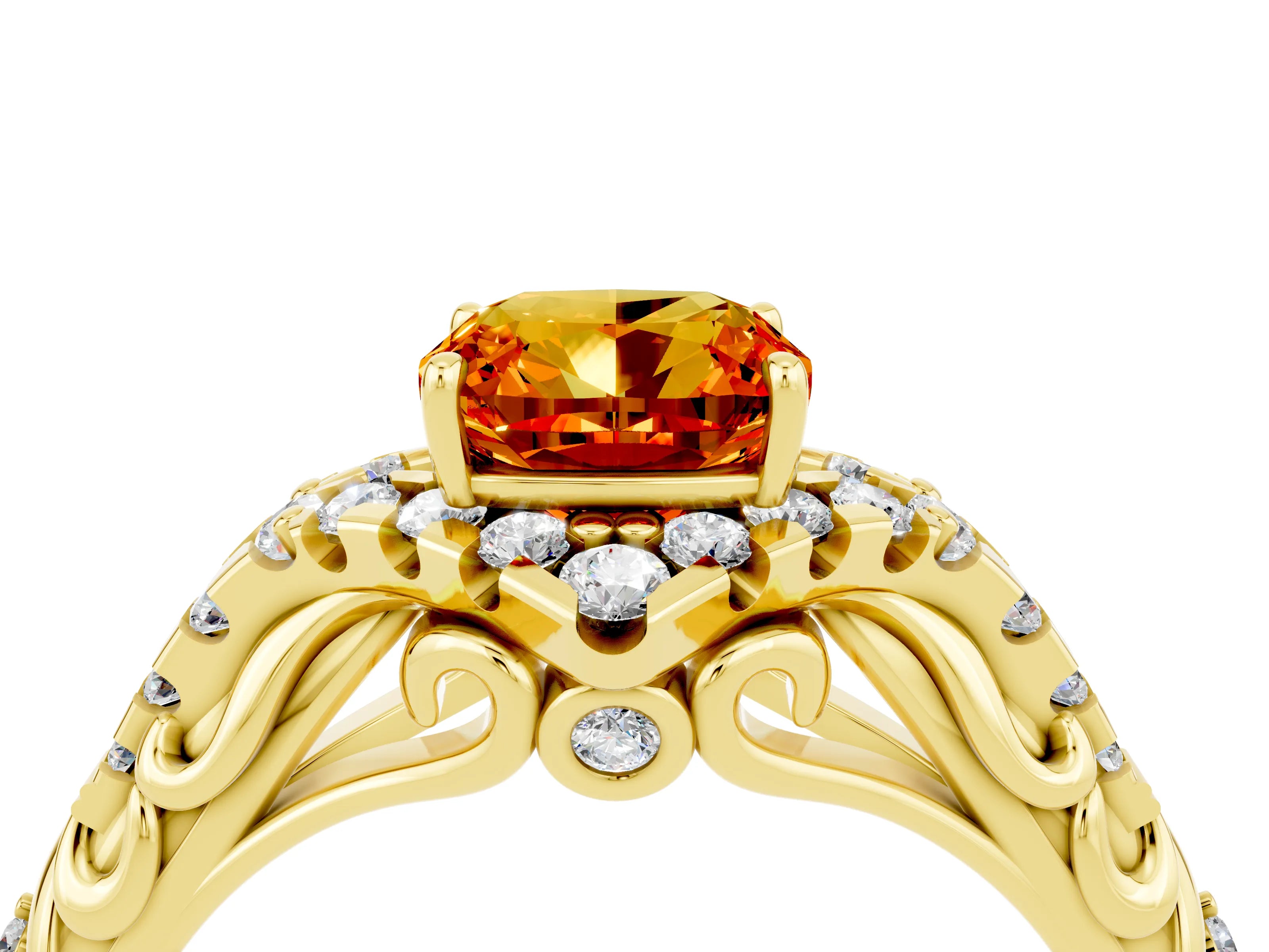 Yellow gold Cushion Cut Citrine Solitaire Ring with Hidden Halo and Pavé Band_16