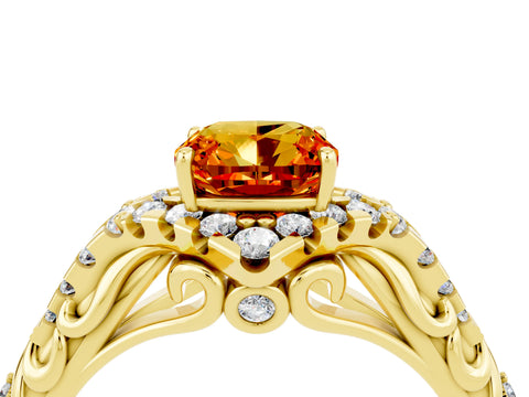 Yellow gold Cushion Cut Citrine Solitaire Ring with Hidden Halo and Pavé Band_16