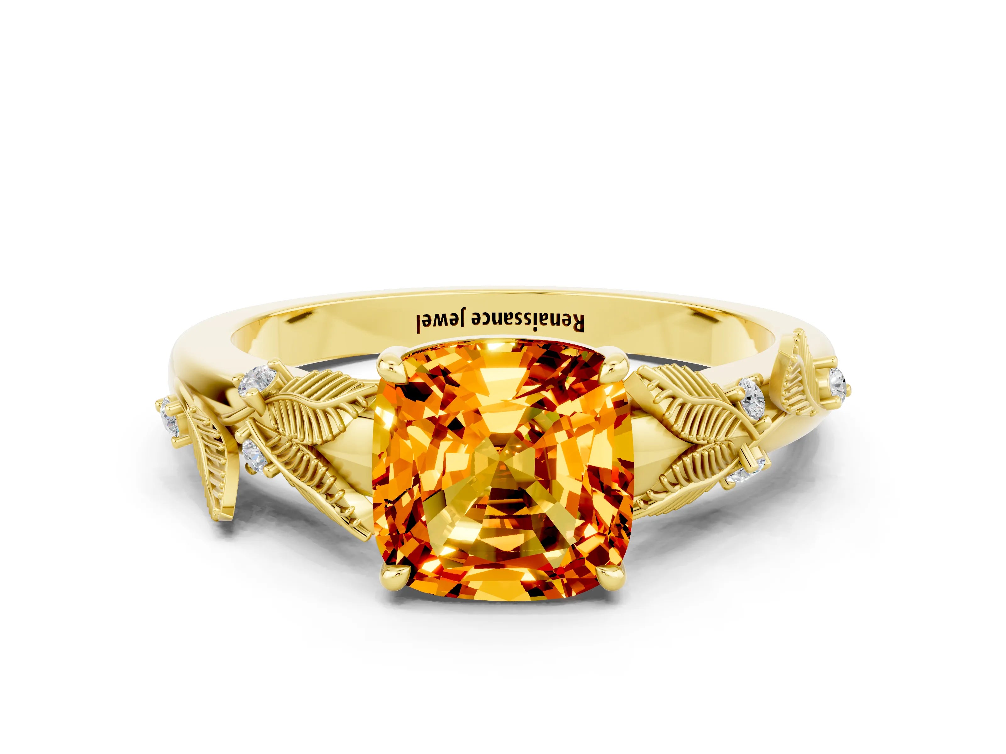 Yellow gold Cushion Cut Citrine Solitaire Ring with Leaf Motif Band and Four-Prong Setting