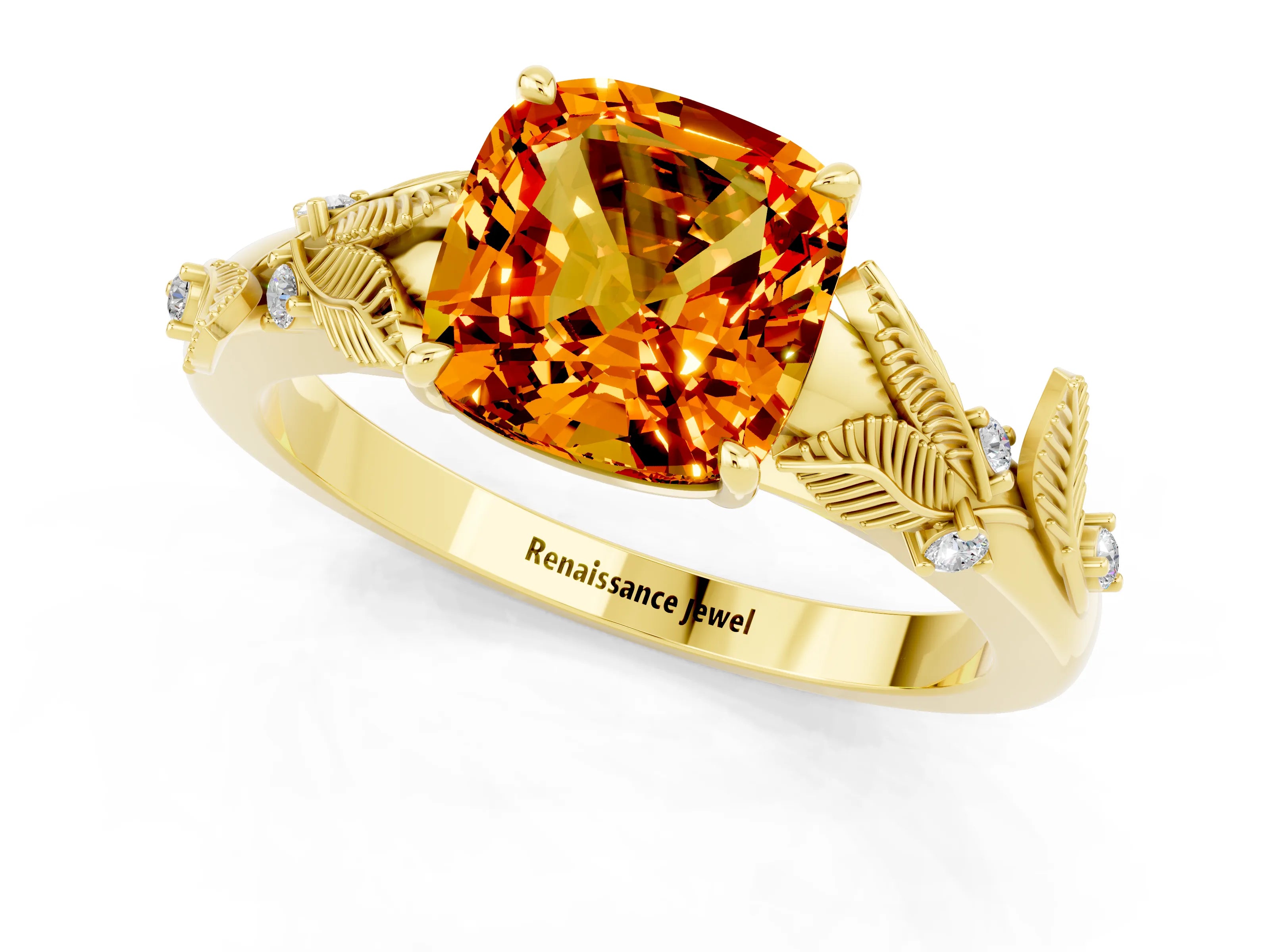 Yellow gold Cushion Cut Citrine Solitaire Ring with Leaf Motif Band and Four-Prong Setting_1