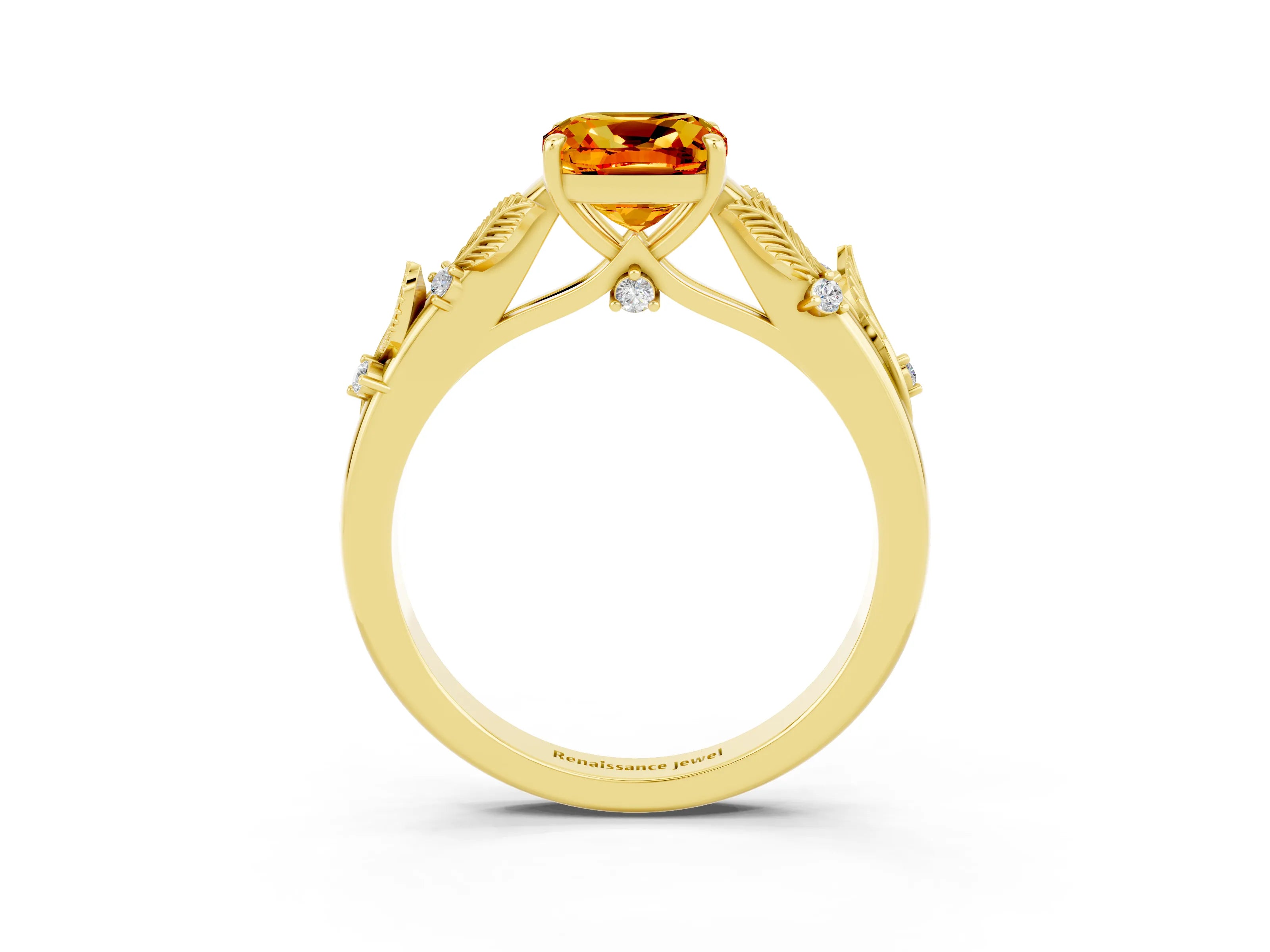 Yellow gold Cushion Cut Citrine Solitaire Ring with Leaf Motif Band and Four-Prong Setting_3