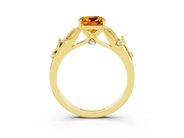 Yellow gold Cushion Cut Citrine Solitaire Ring with Leaf Motif Band and Four-Prong Setting