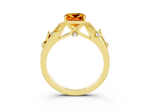 Yellow gold Cushion Cut Citrine Solitaire Ring with Leaf Motif Band and Four-Prong Setting_3