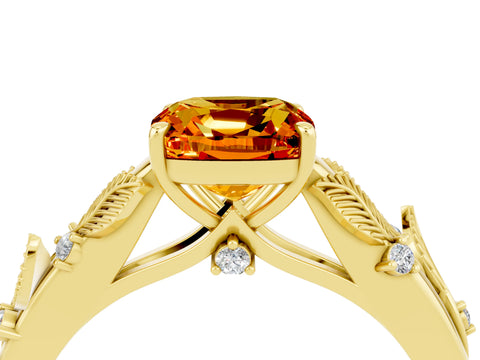 Yellow gold Cushion Cut Citrine Solitaire Ring with Leaf Motif Band and Four-Prong Setting_4