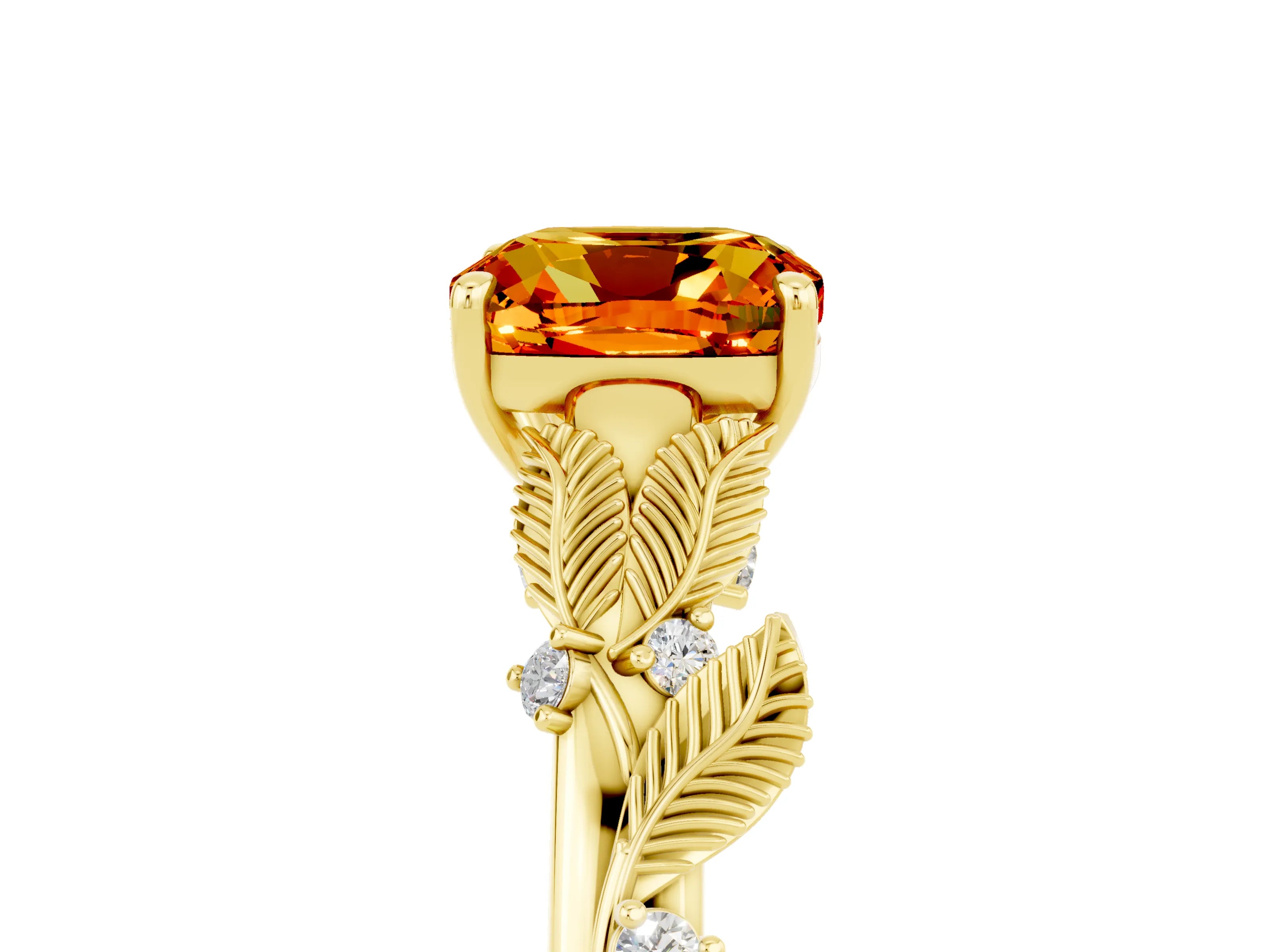 Yellow gold Cushion Cut Citrine Solitaire Ring with Leaf Motif Band and Four-Prong Setting_5