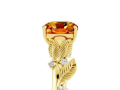 Yellow gold Cushion Cut Citrine Solitaire Ring with Leaf Motif Band and Four-Prong Setting_5