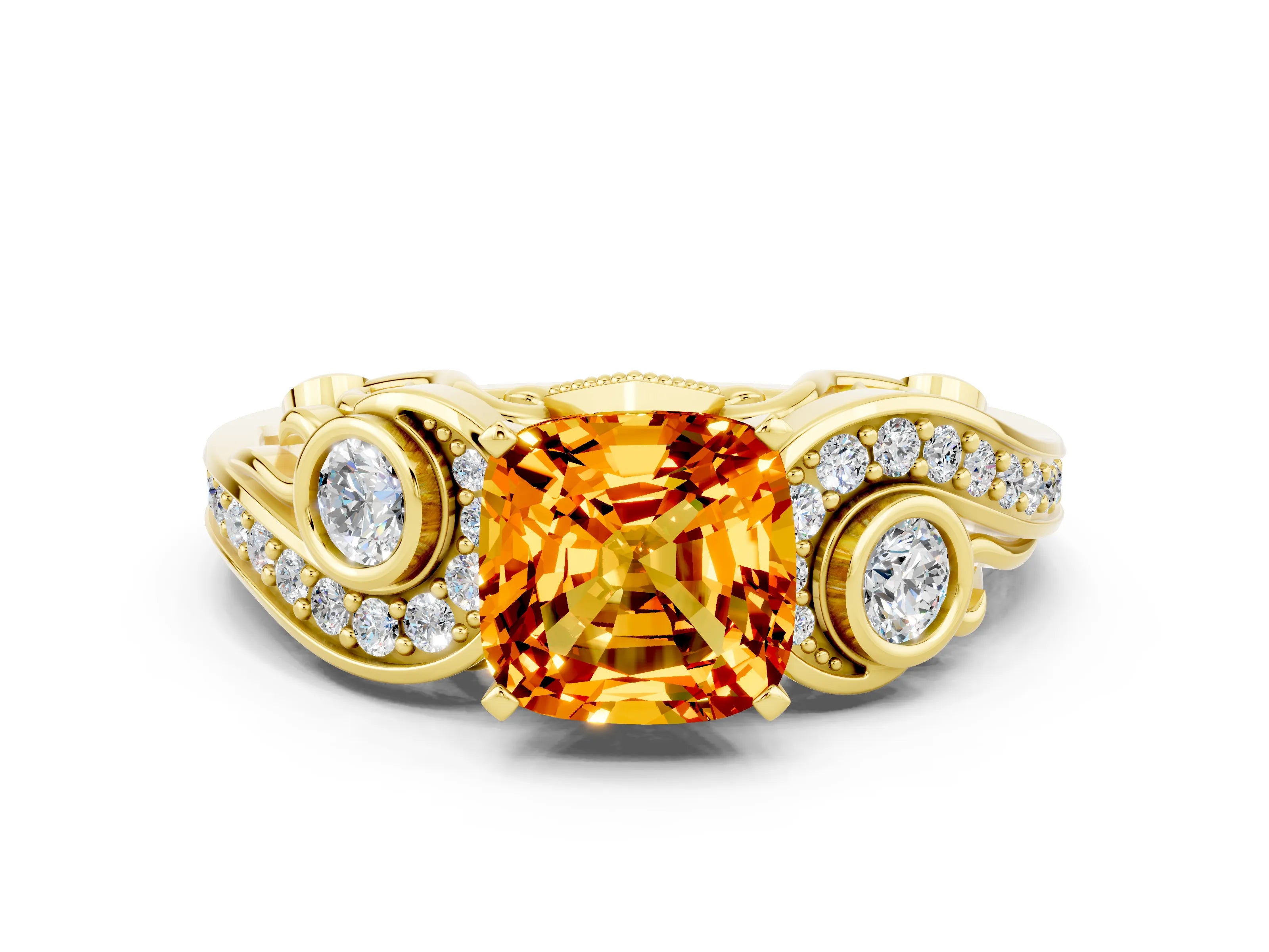 Yellow gold Cushion Cut Citrine Solitaire Ring with Milgrain Pavé Band and Four-Prong Setting_24