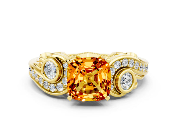Yellow gold Cushion Cut Citrine Solitaire Ring with Milgrain Pavé Band and Four-Prong Setting