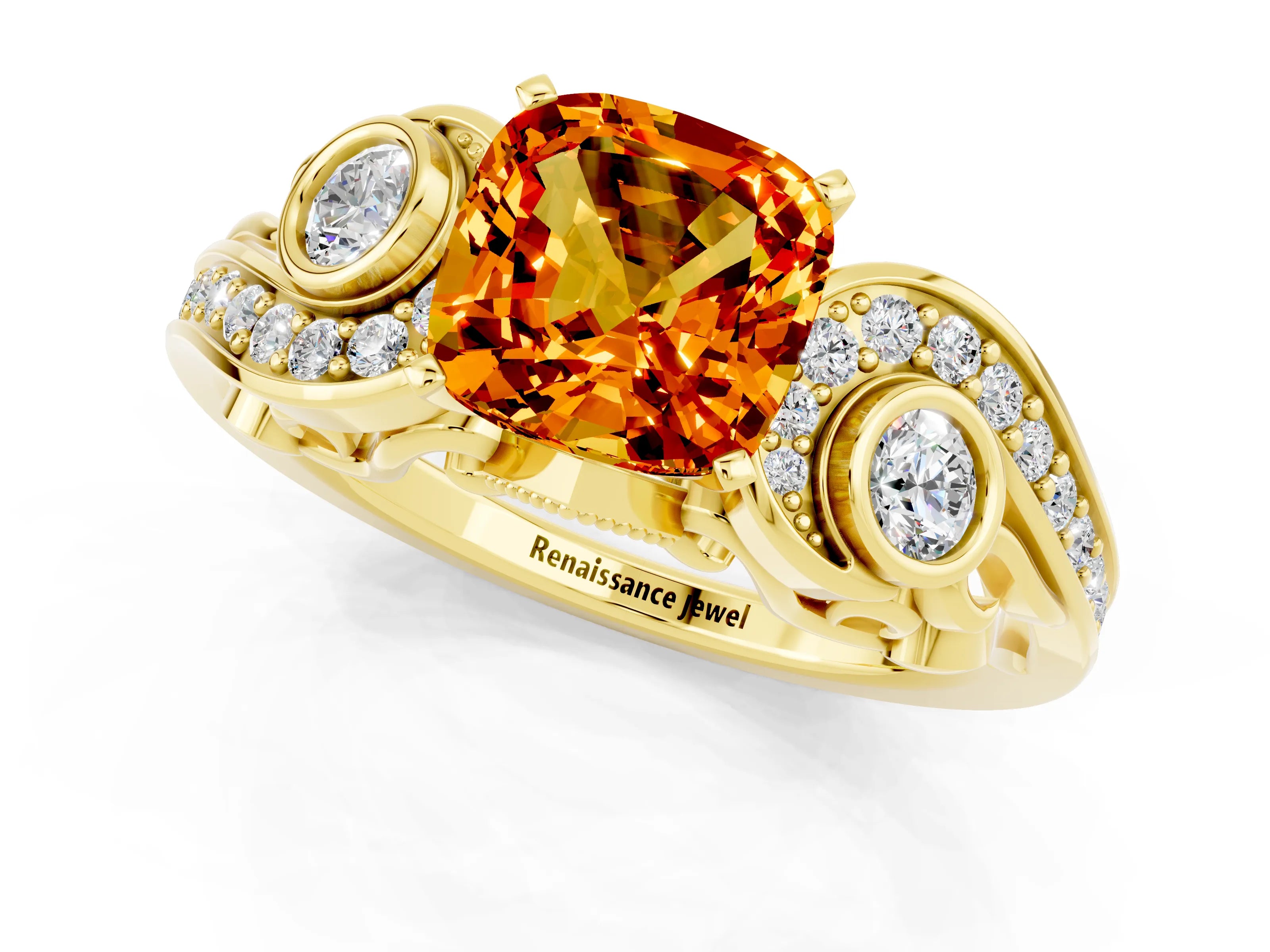 Yellow gold Cushion Cut Citrine Solitaire Ring with Milgrain Pavé Band and Four-Prong Setting_25