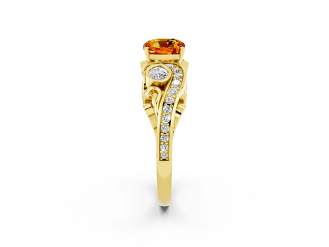 Yellow gold Cushion Cut Citrine Solitaire Ring with Milgrain Pavé Band and Four-Prong Setting_26