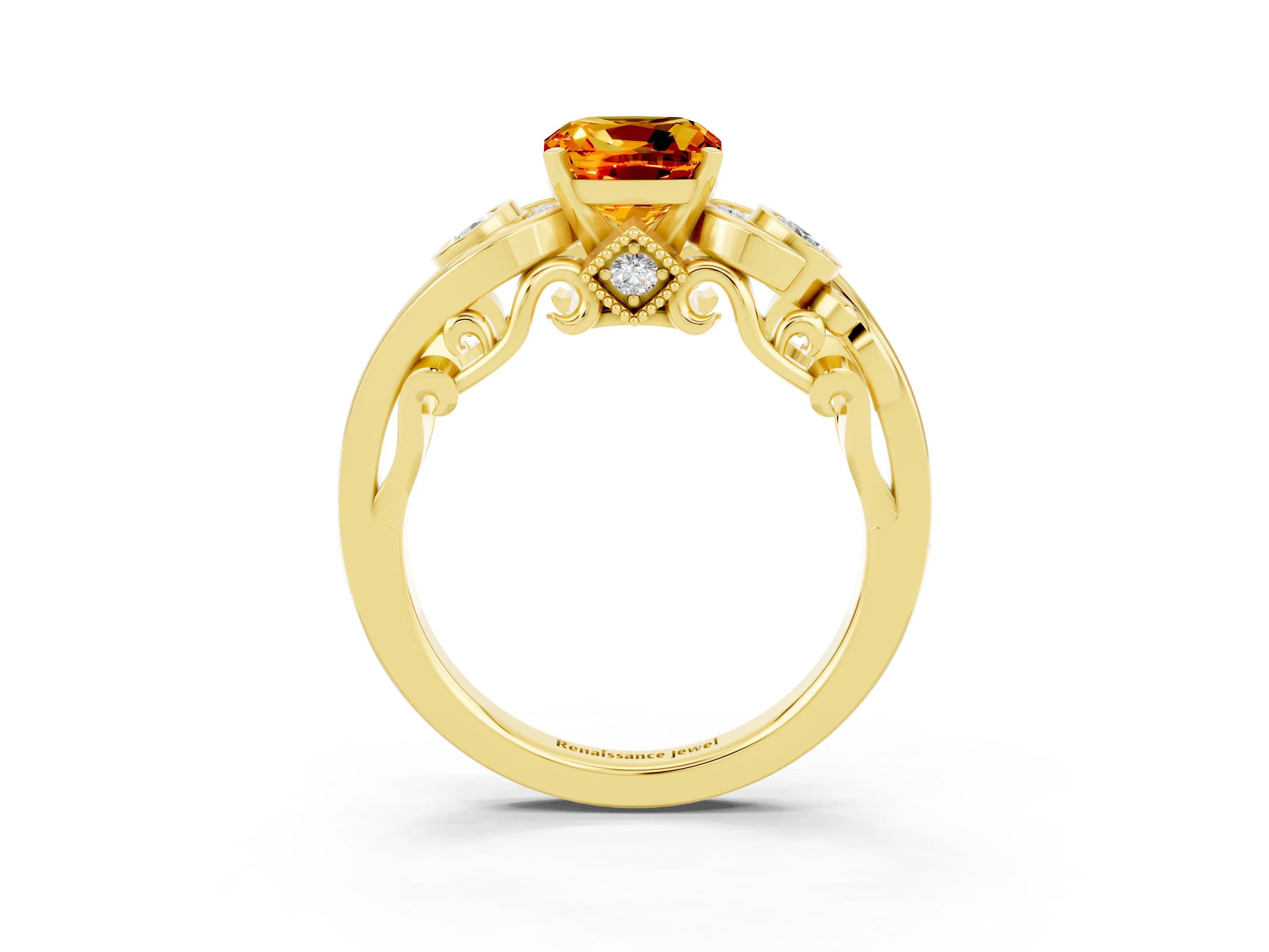 Yellow gold Cushion Cut Citrine Solitaire Ring with Milgrain Pavé Band and Four-Prong Setting_27