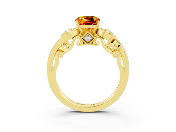 Yellow gold Cushion Cut Citrine Solitaire Ring with Milgrain Pavé Band and Four-Prong Setting
