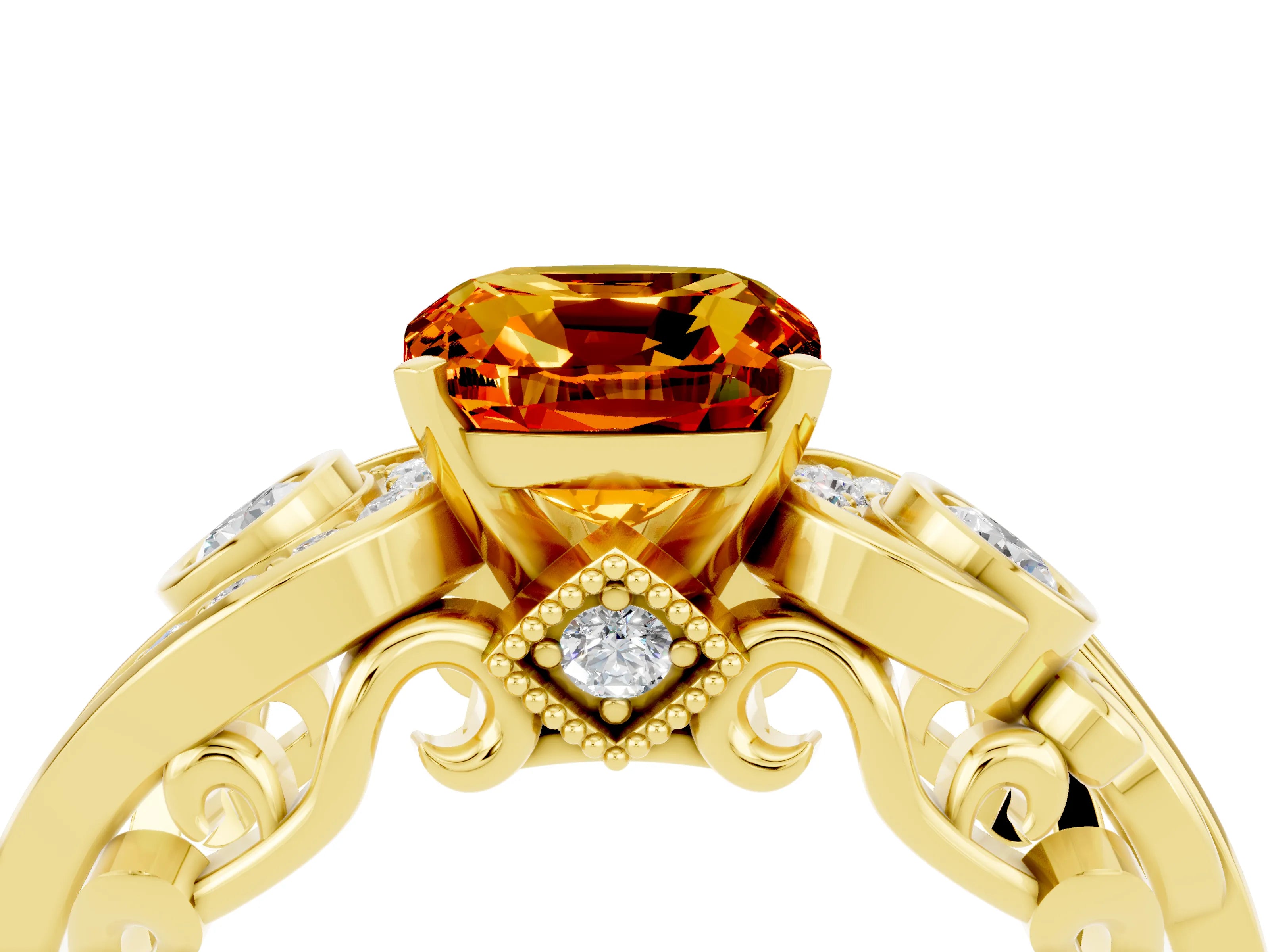 Yellow gold Cushion Cut Citrine Solitaire Ring with Milgrain Pavé Band and Four-Prong Setting_28