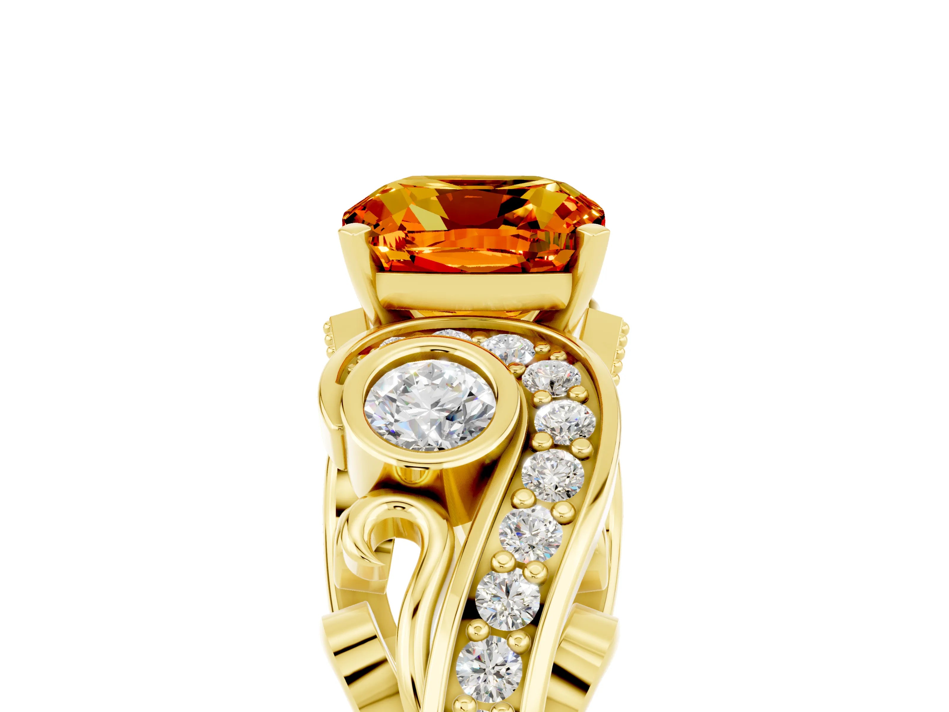 Yellow gold Cushion Cut Citrine Solitaire Ring with Milgrain Pavé Band and Four-Prong Setting_29