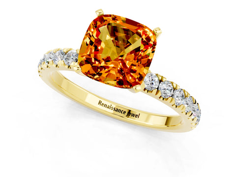 Yellow gold Cushion Cut Citrine Solitaire Ring with Pavé Accents and Four-Prong Setting_1