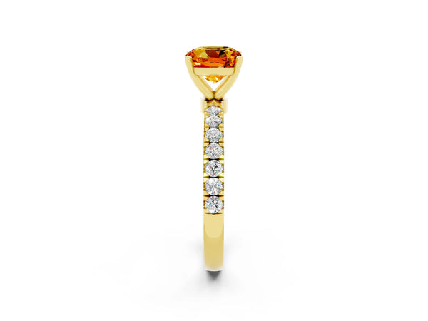 Yellow gold Cushion Cut Citrine Solitaire Ring with Pavé Accents and Four-Prong Setting