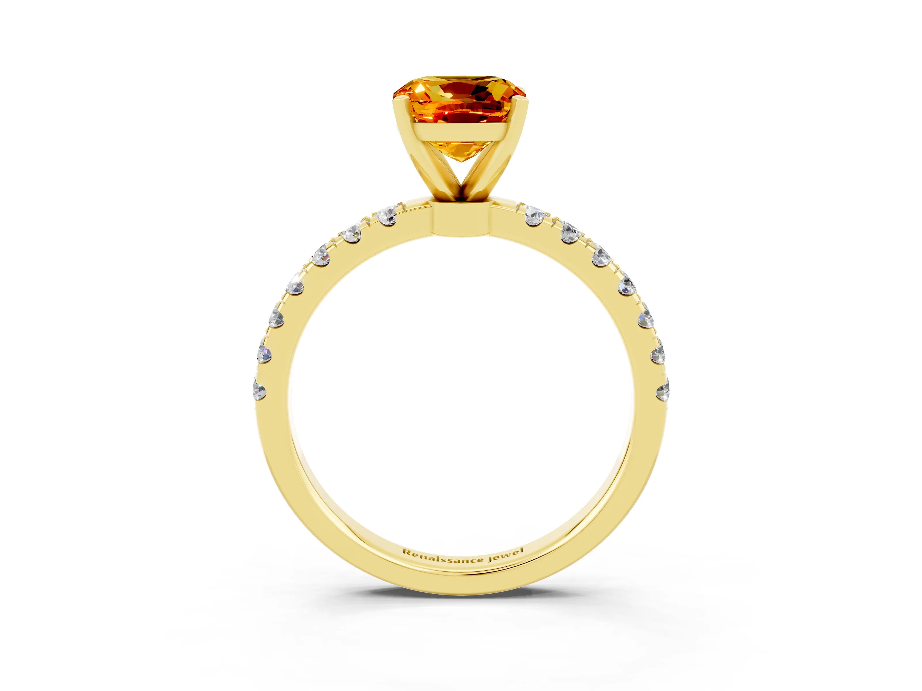 Yellow gold Cushion Cut Citrine Solitaire Ring with Pavé Accents and Four-Prong Setting_3