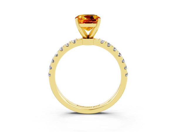 Yellow gold Cushion Cut Citrine Solitaire Ring with Pavé Accents and Four-Prong Setting