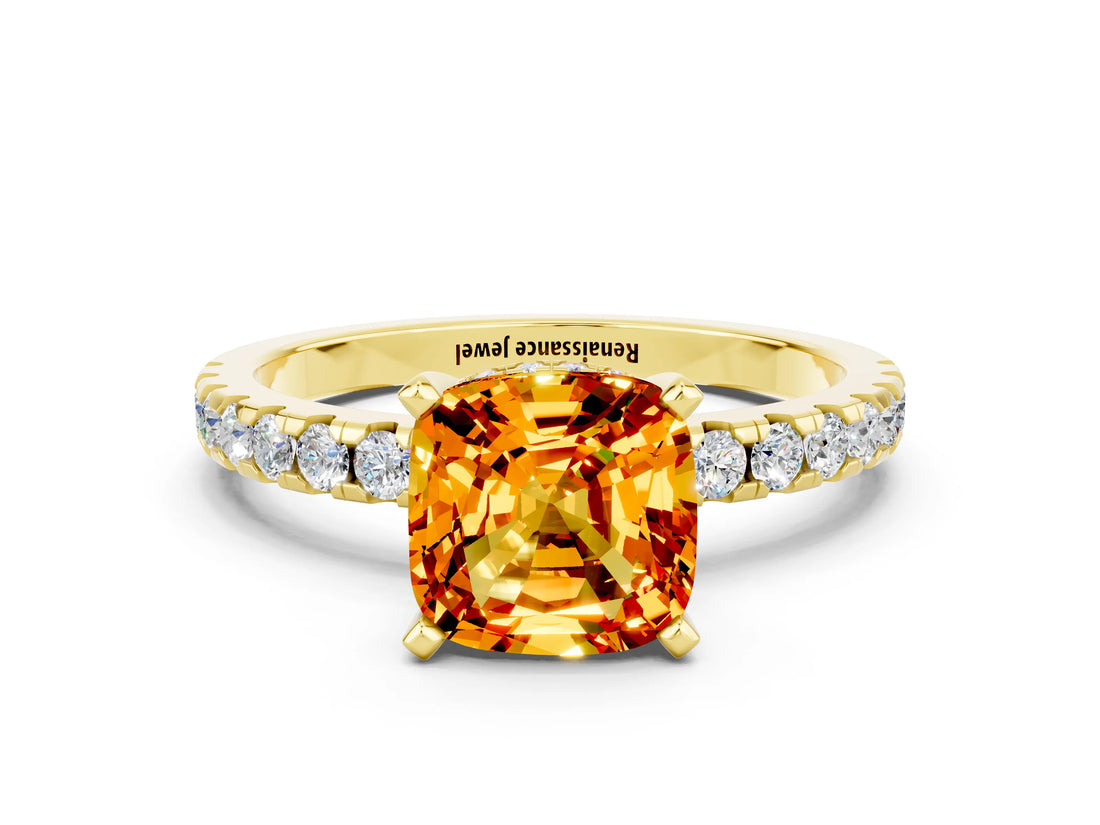 Yellow gold Cushion Cut Citrine Solitaire Ring with Pavé Band and Four-Prong Setting_24