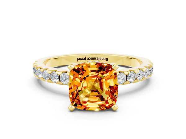 Yellow gold Cushion Cut Citrine Solitaire Ring with Round  Pavé Band and Four-Prong Setting