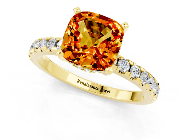 Yellow gold Cushion Cut Citrine Solitaire Ring with Round  Pavé Band and Four-Prong Setting