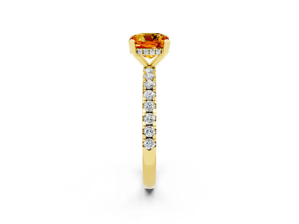 Yellow gold Cushion Cut Citrine Solitaire Ring with Round  Pavé Band and Four-Prong Setting
