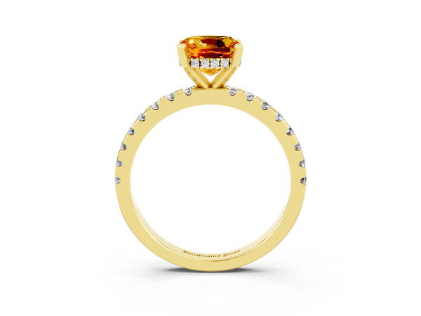 Yellow gold Cushion Cut Citrine Solitaire Ring with Round  Pavé Band and Four-Prong Setting