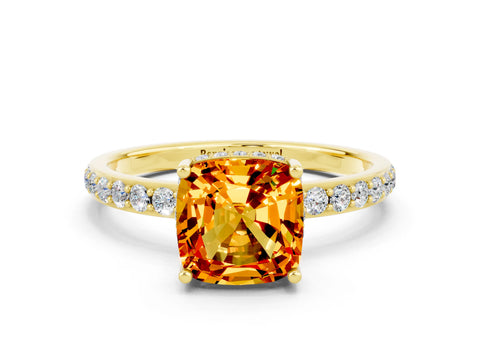 Yellow gold Cushion Cut Citrine Solitaire Ring with Pavé Band and Hidden Halo_12