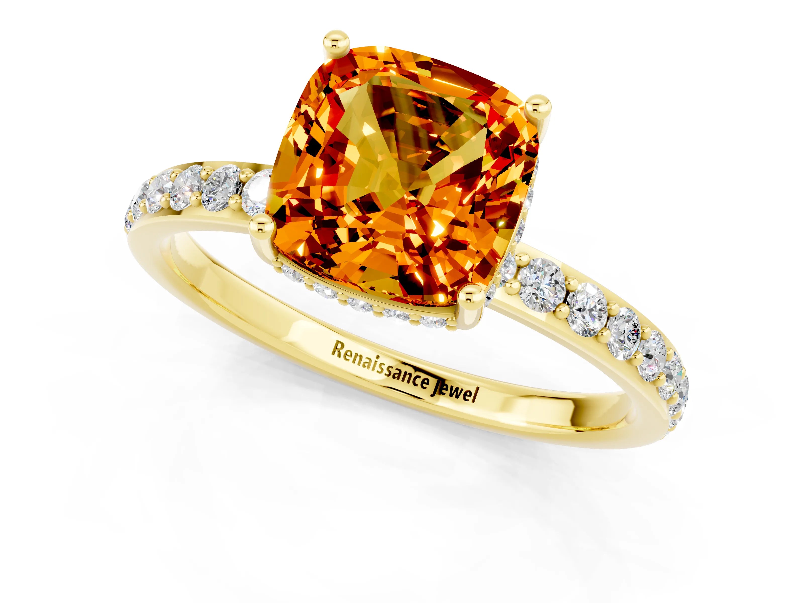 Yellow gold Cushion Cut Citrine Solitaire Ring with Pavé Band and Hidden Halo_13