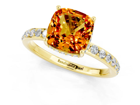 Yellow gold Cushion Cut Citrine Solitaire Ring with Pavé Band and Hidden Halo_13