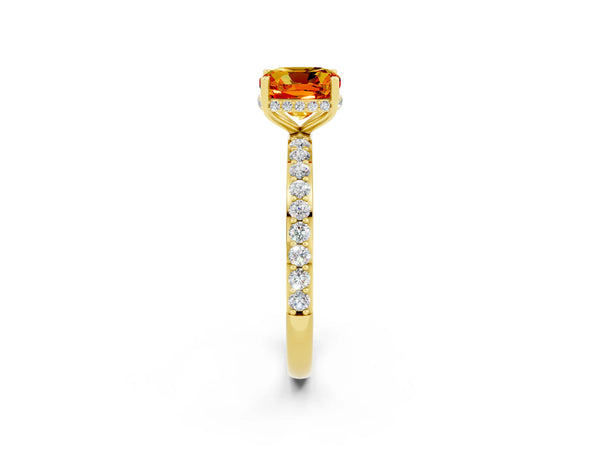 Yellow gold Cushion Cut Citrine Solitaire Ring with Pavé Band and Hidden Halo
