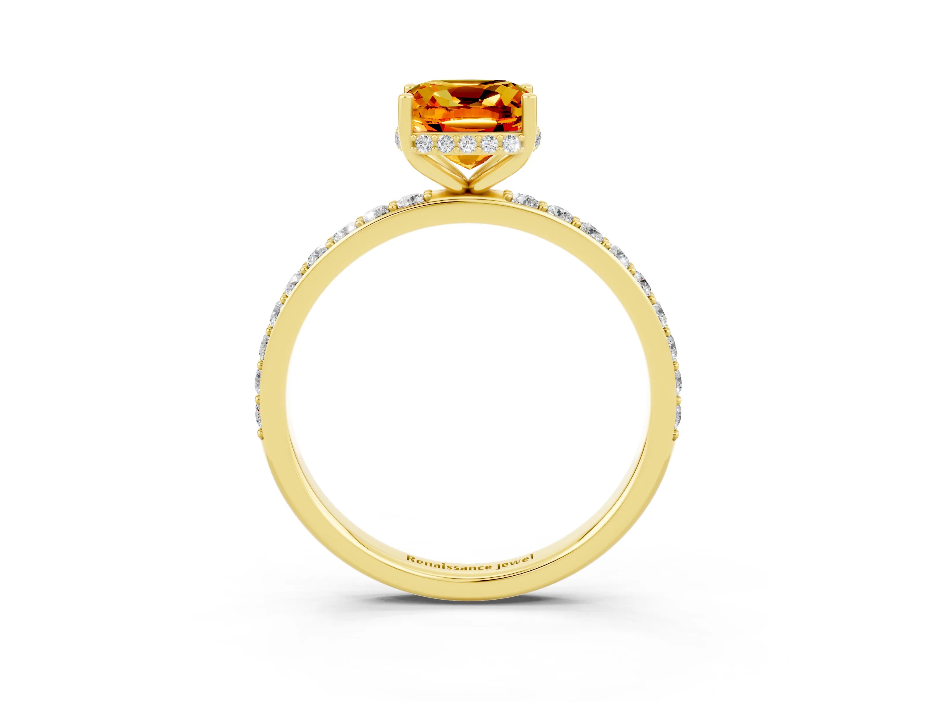 Yellow gold Cushion Cut Citrine Solitaire Ring with Pavé Band and Hidden Halo_15