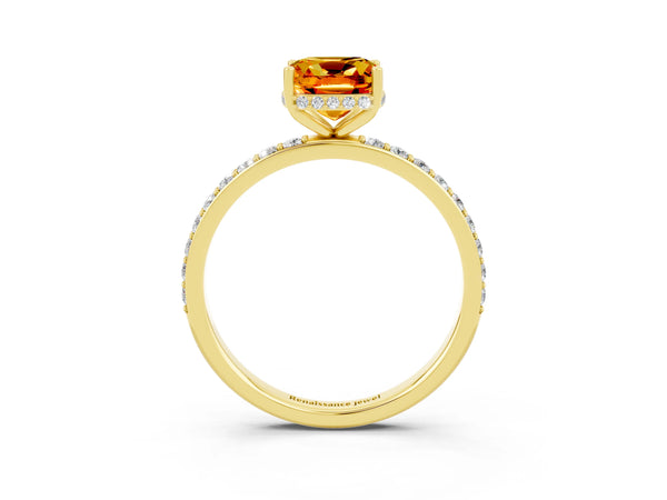 Yellow gold Cushion Cut Citrine Solitaire Ring with Pavé Band and Hidden Halo