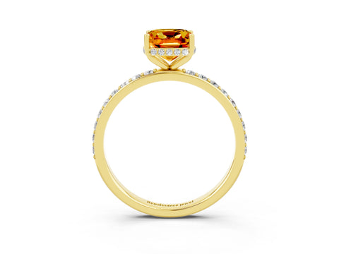 Yellow gold Cushion Cut Citrine Solitaire Ring with Pavé Band and Hidden Halo_15