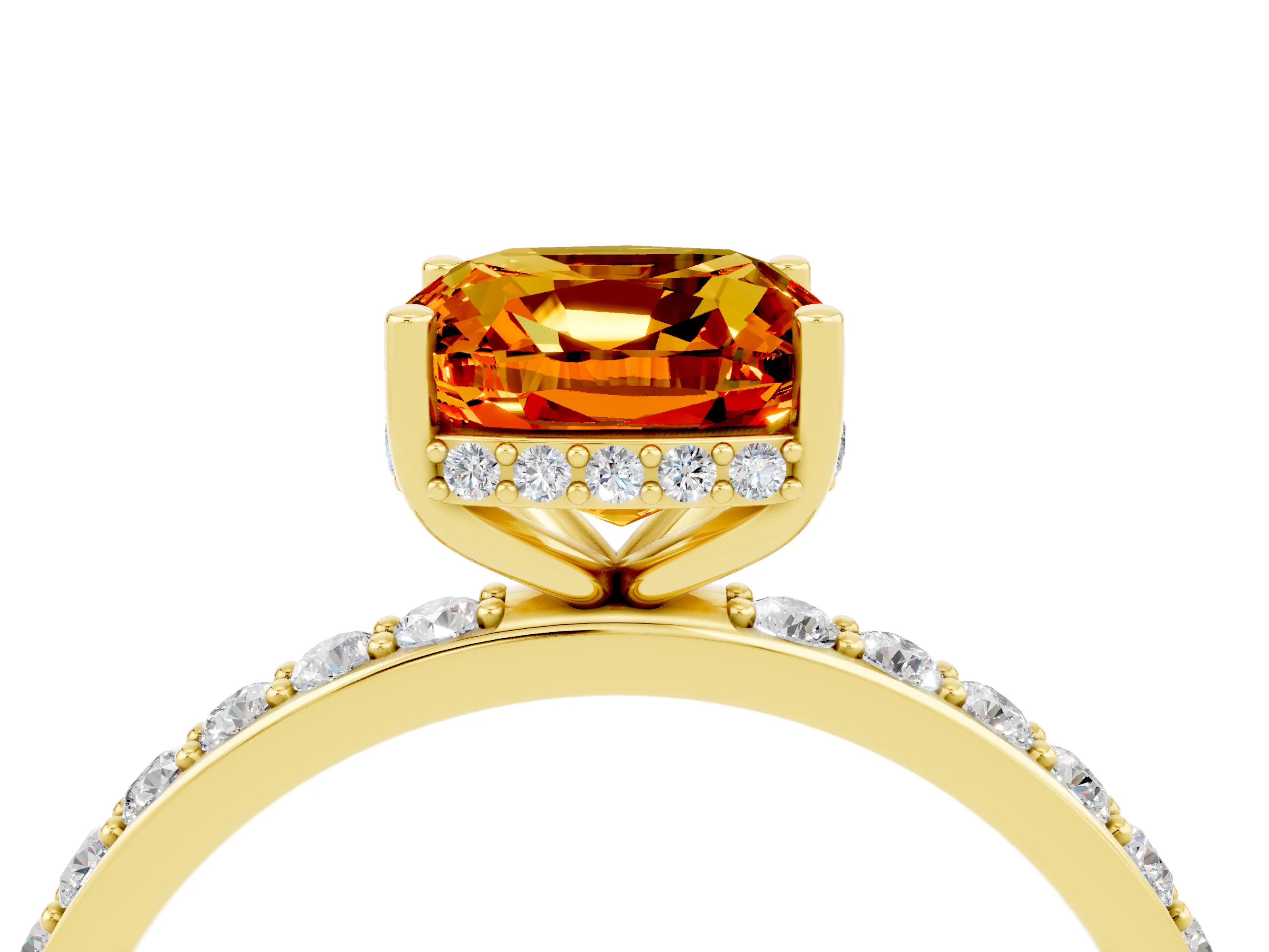 Yellow gold Cushion Cut Citrine Solitaire Ring with Pavé Band and Hidden Halo_16