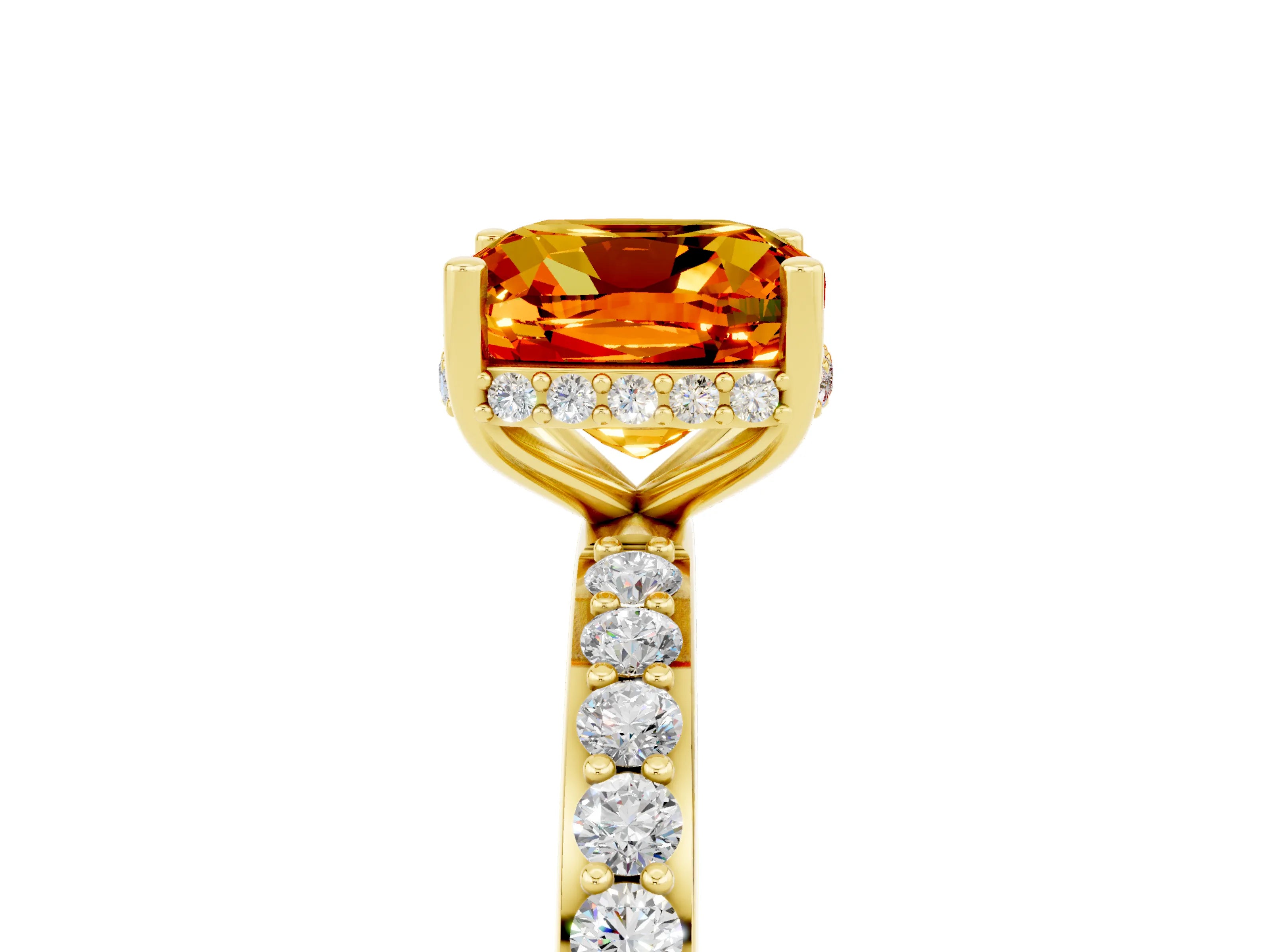 Yellow gold Cushion Cut Citrine Solitaire Ring with Pavé Band and Hidden Halo_17