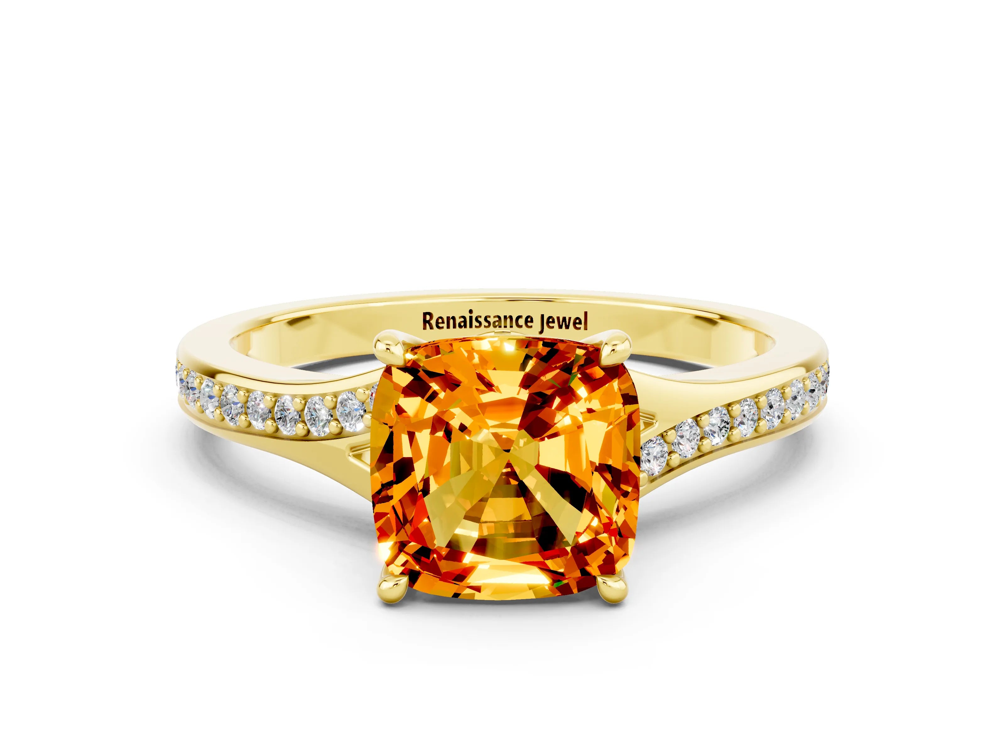 Yellow gold Cushion Cut Citrine Solitaire Ring with Pavé Band and Prong Setting_12