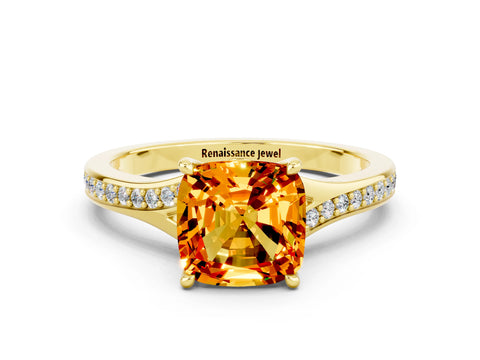 Yellow gold Cushion Cut Citrine Solitaire Ring with Pavé Band and Prong Setting_12