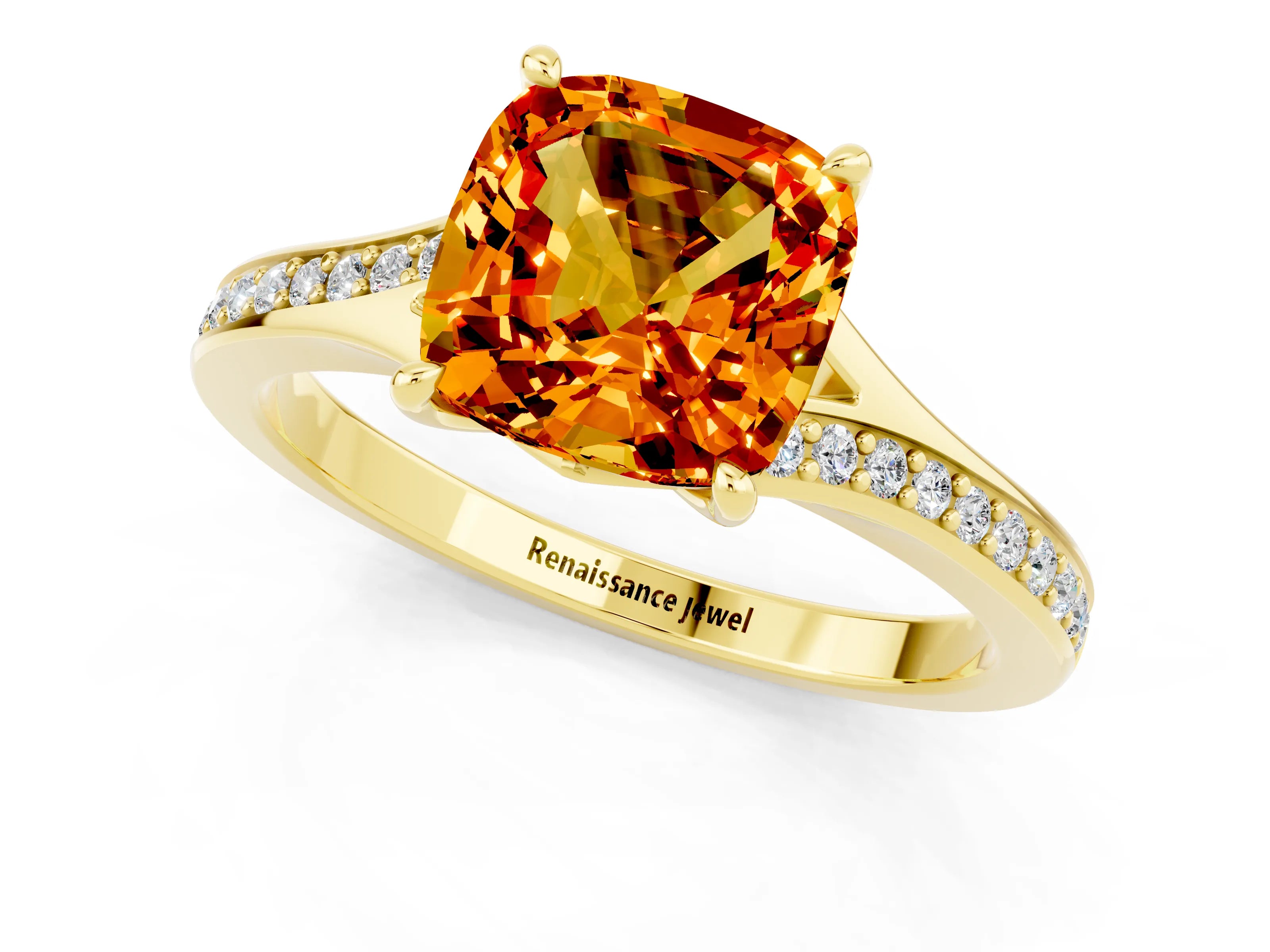 Yellow gold Cushion Cut Citrine Solitaire Ring with Pavé Band and Prong Setting_13