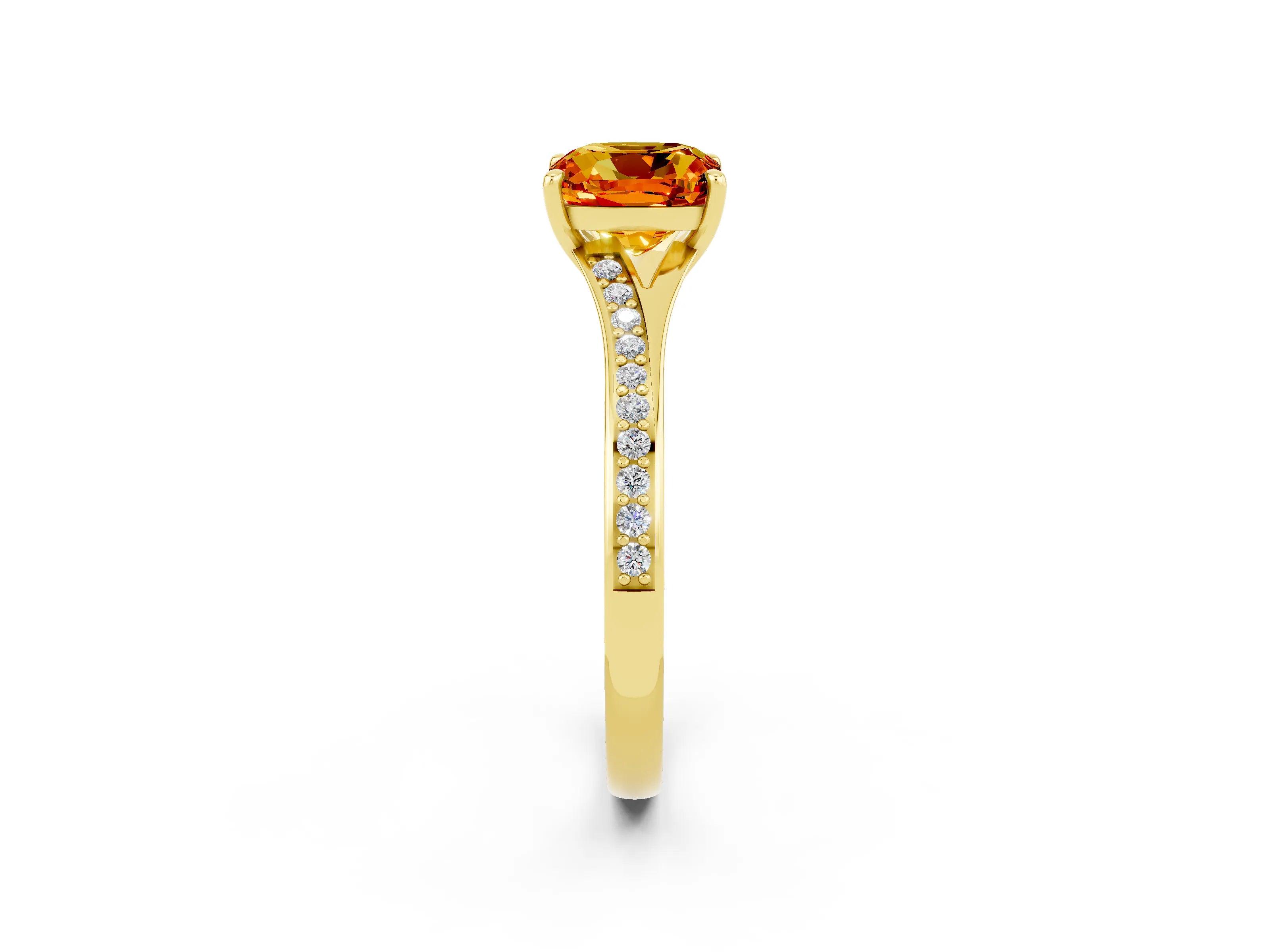 Yellow gold Cushion Cut Citrine Solitaire Ring with Pavé Band and Prong Setting_14