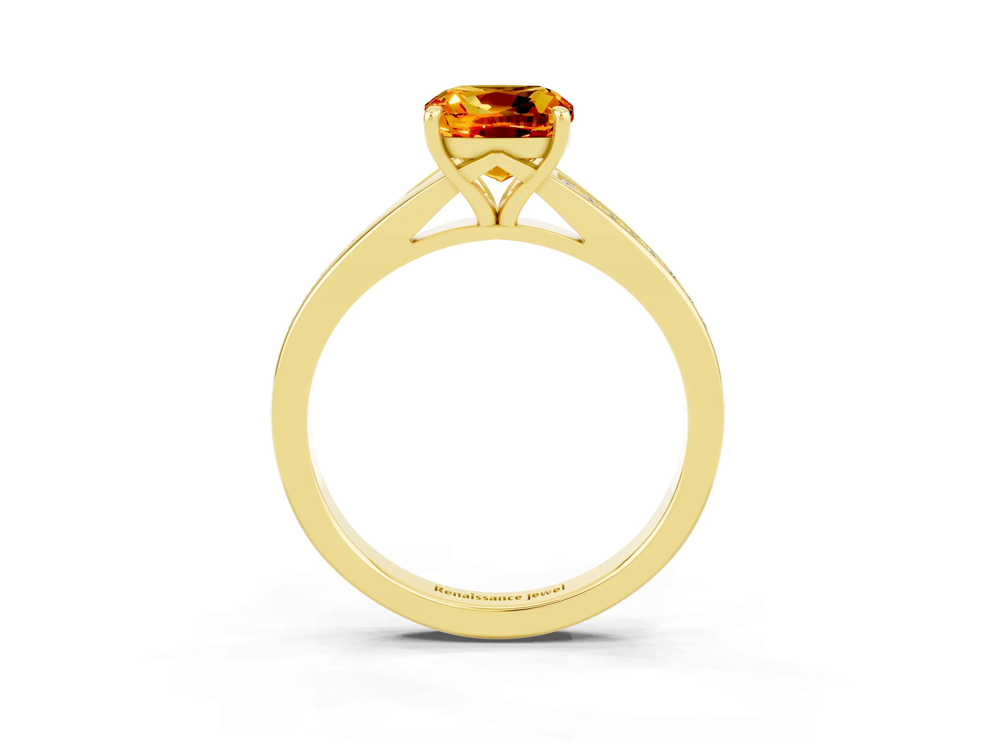 Yellow gold Cushion Cut Citrine Solitaire Ring with Pavé Band and Prong Setting_15